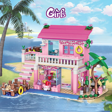 Hsanhe Pink Girls Seaside Beach Villa Building Set Compatible With Lego Friends Construction Educational Toy For Kids Age 6-12 And Up 474 Pcs 7646