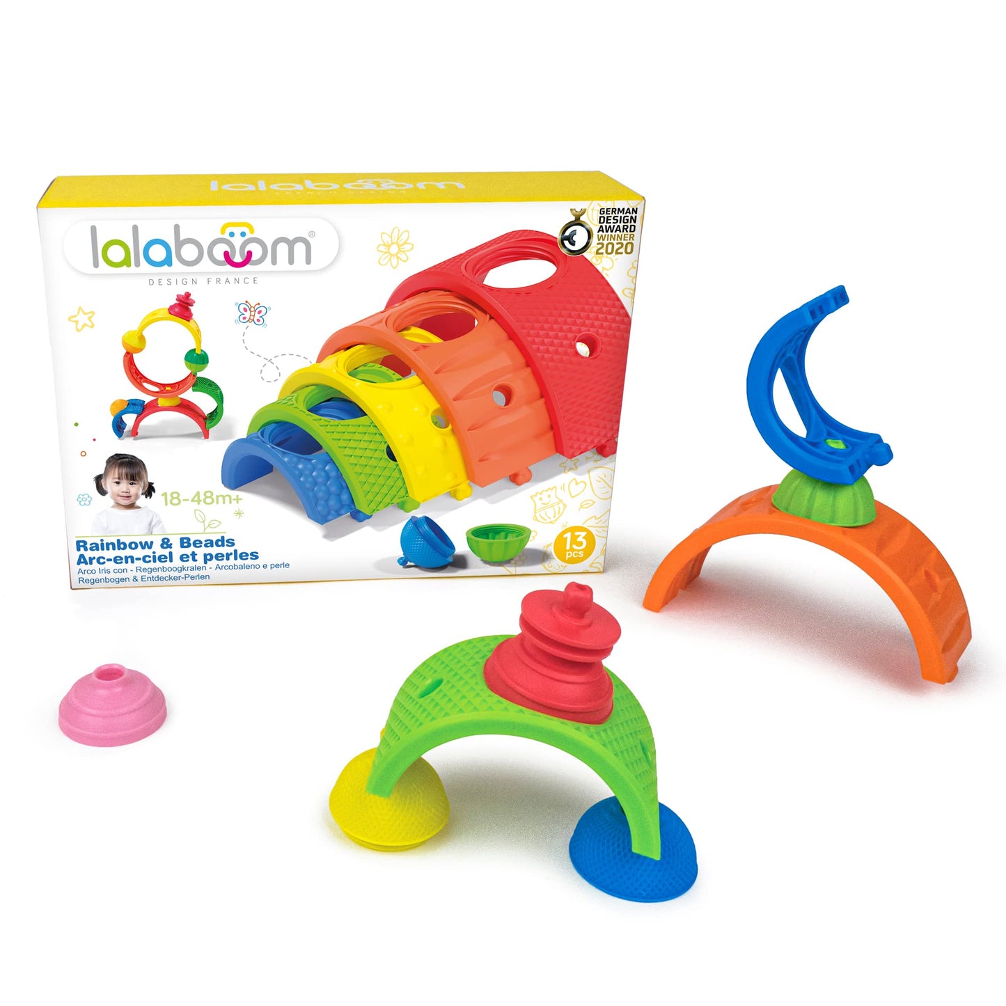 Lalaboom - 13 Piece Rainbow Arches And Baby Toddler Beads To Assemble - Montessori Educational Shape And Color Stem Construction