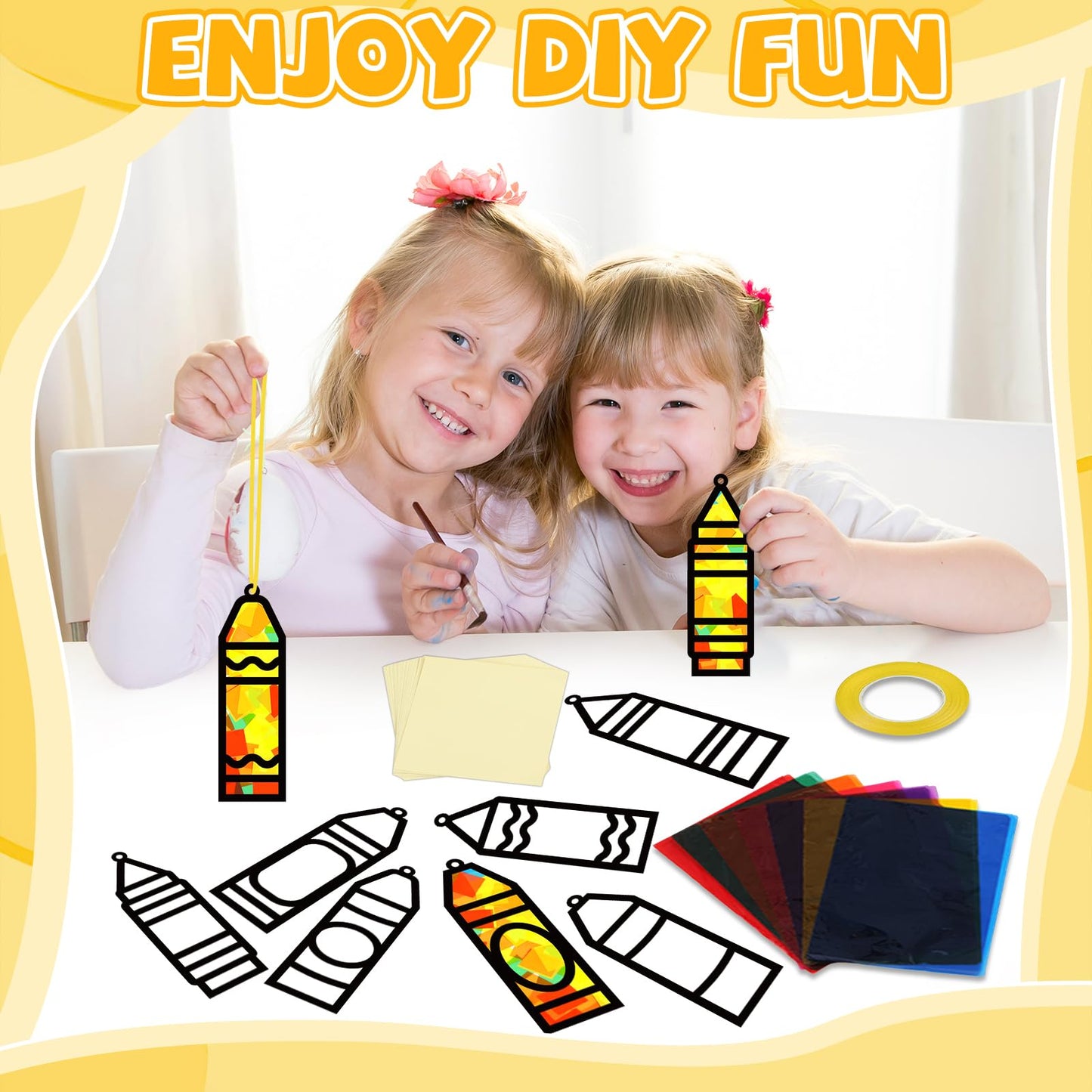 32 Sets Back to School Crayon Suncatchers Craft Kit DIY Window Stained Glass Effect Crayons Paper Crafts for Home School Classro