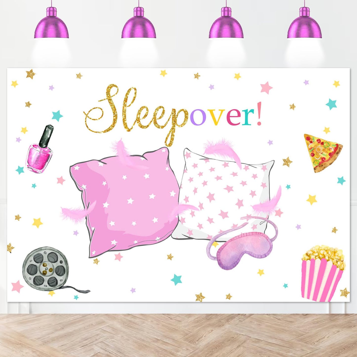 Mocsicka Sleepover Party Backdrop Sleepover Pajamas Pillow Fight Pink Girl Party Decorations Slumber Party Banner Photography Ba