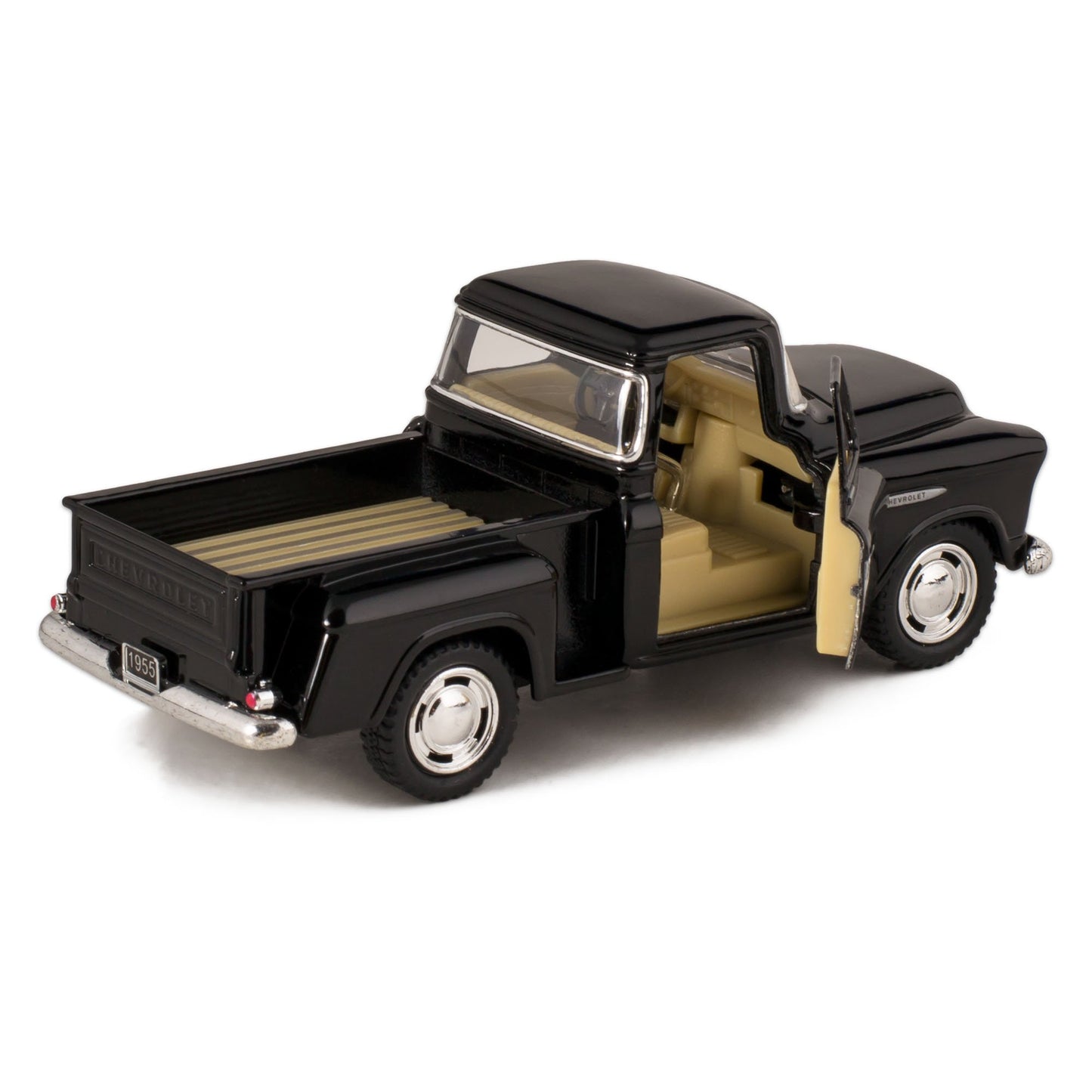 Black 1955 Chevy Stepside Pick-Up Die Cast Collectible Toy Truck by Kinsmart
