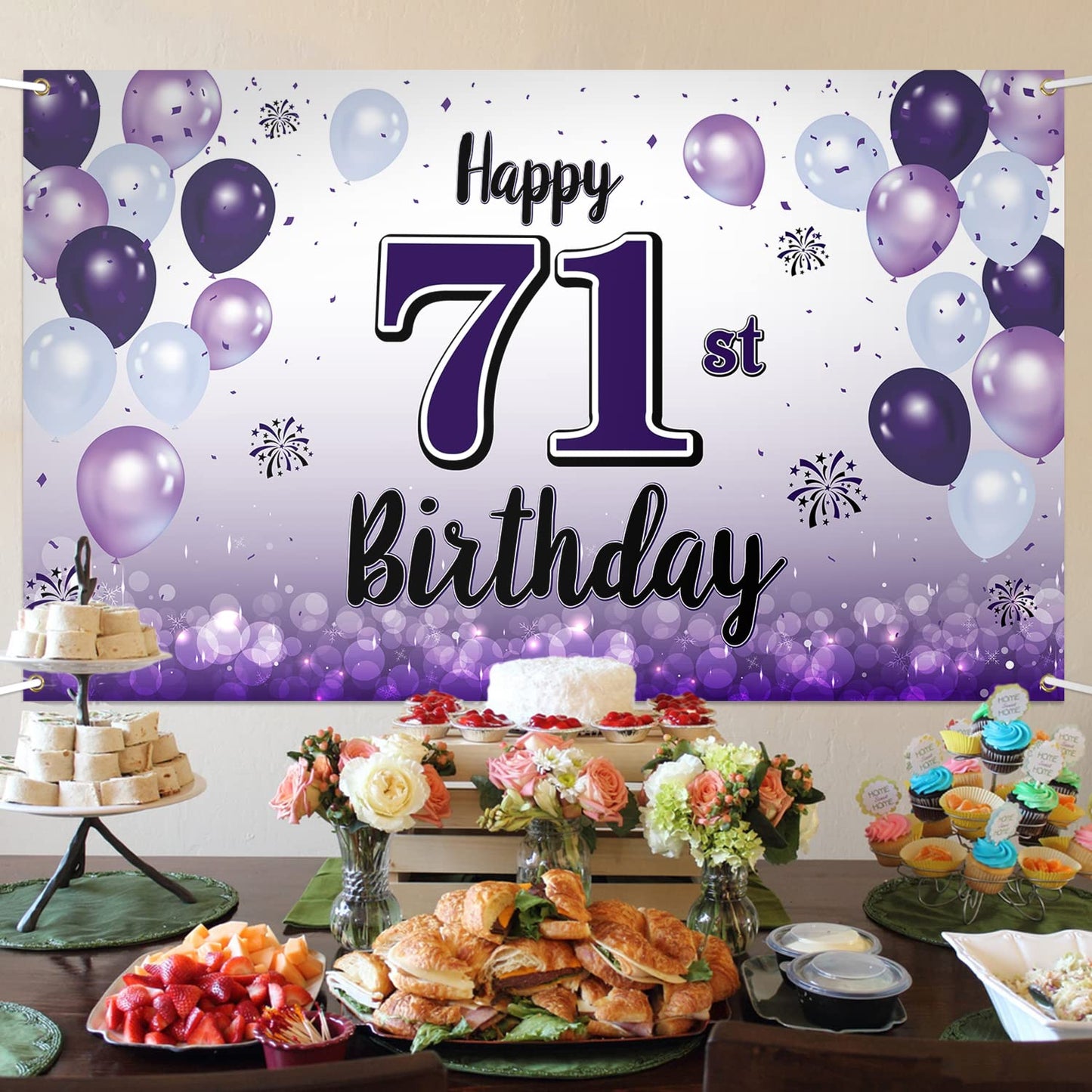 LASKYER 71st Birthday Decorations - Purple Balloon Banner Backdrop, Polyester Party Supplies, Model P-BH-71