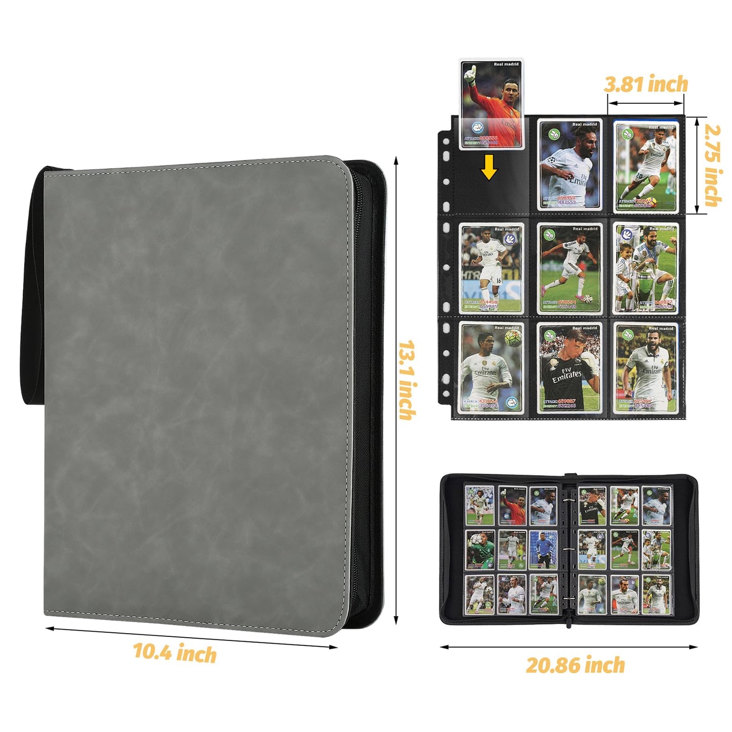 GERMUN 9 Pocket Card Binder  enhanced Zip Trading Card Binder  720 Double Sided Pocket PU Card Collection Binder  Collector Card Album  Card Folder for MTG  TCG  Sports Cards  Game Cards (Grey1)