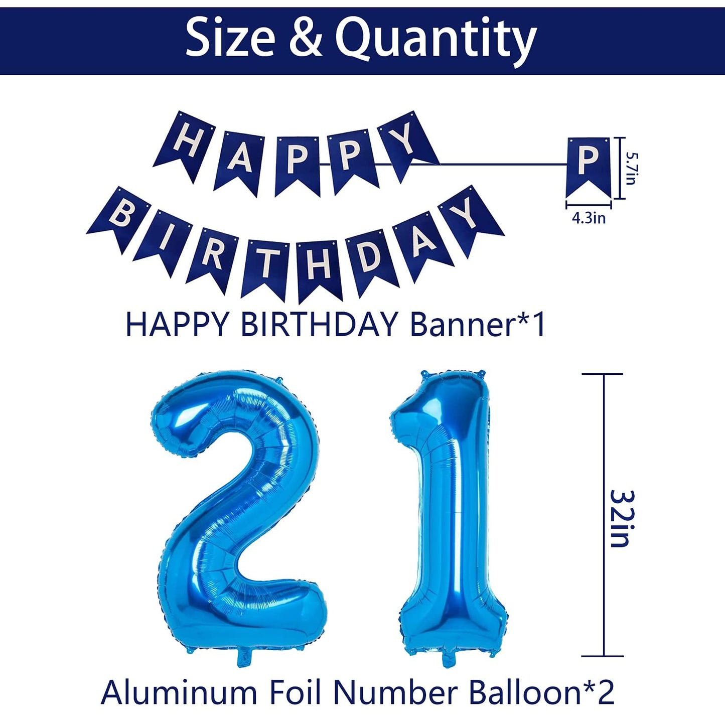 Blue 21 Birthday Decorations, Blue 21St Birthday Decorations For Men Women, Happy 21St Birthday Balloons Party Supplies With Blu