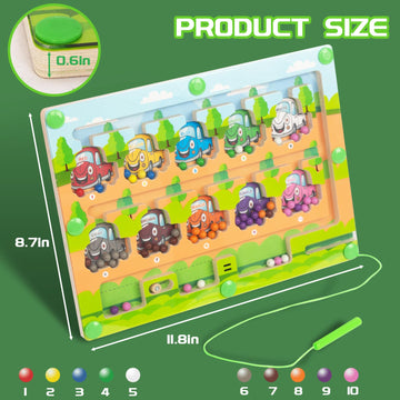 Woodenfun Magnetic Color & Number Maze, Montessori Wooden Color Matching Learning Counting Puzzle Board, Toddler Fine Motor Skills Toys For Boys Girls 3 4 5 Years Old- Car