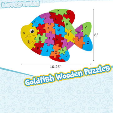Lovestown Goldfish Wooden Puzzle, 26Pcs Jigsaw Puzzle Alphabet And Number Building Blocks For Kids Toddler Preschool