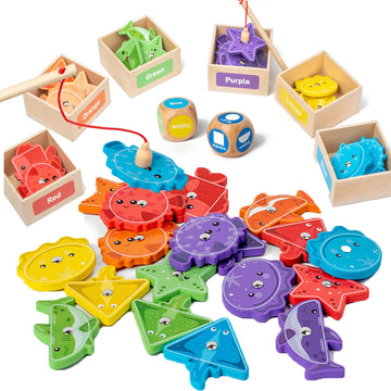 Smartwo Montessori Toys For Toddlers 1-3,Wooden Magnetic Fishing Game Educational Shape & Color Sorting For Kid 3-5,Boy Girl Pre