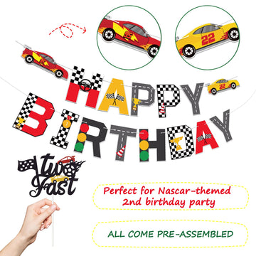 Race Car Two Fast Birthday Party Decorations, Birthday Banner And 2Nd Cake Topper Racing Chequered Flag Balloons Let'S Go Racing Theme Party Supplies