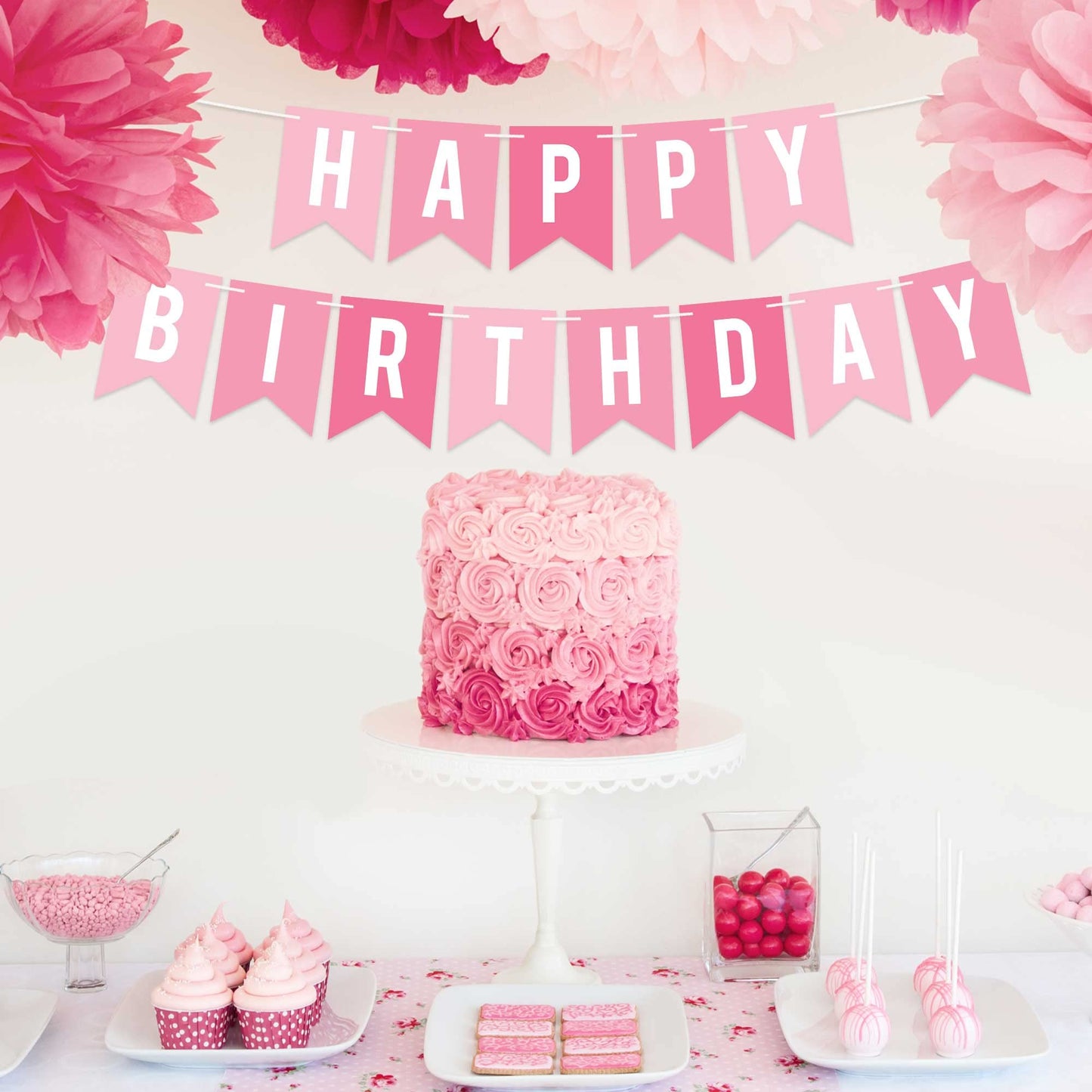Pre-Strung Happy Birthday Banner - No Diy - Pink Birthday Party Banner - Pre-Strung Garland On 6 Ft Strands - Pink Multi Color B