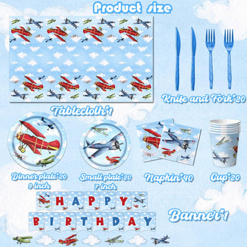 142Pcs Airplane Birthday Party Decorations Airplane Party Tableware Supplies Airplane Blue Sky White Disposable Plates,Tableclot