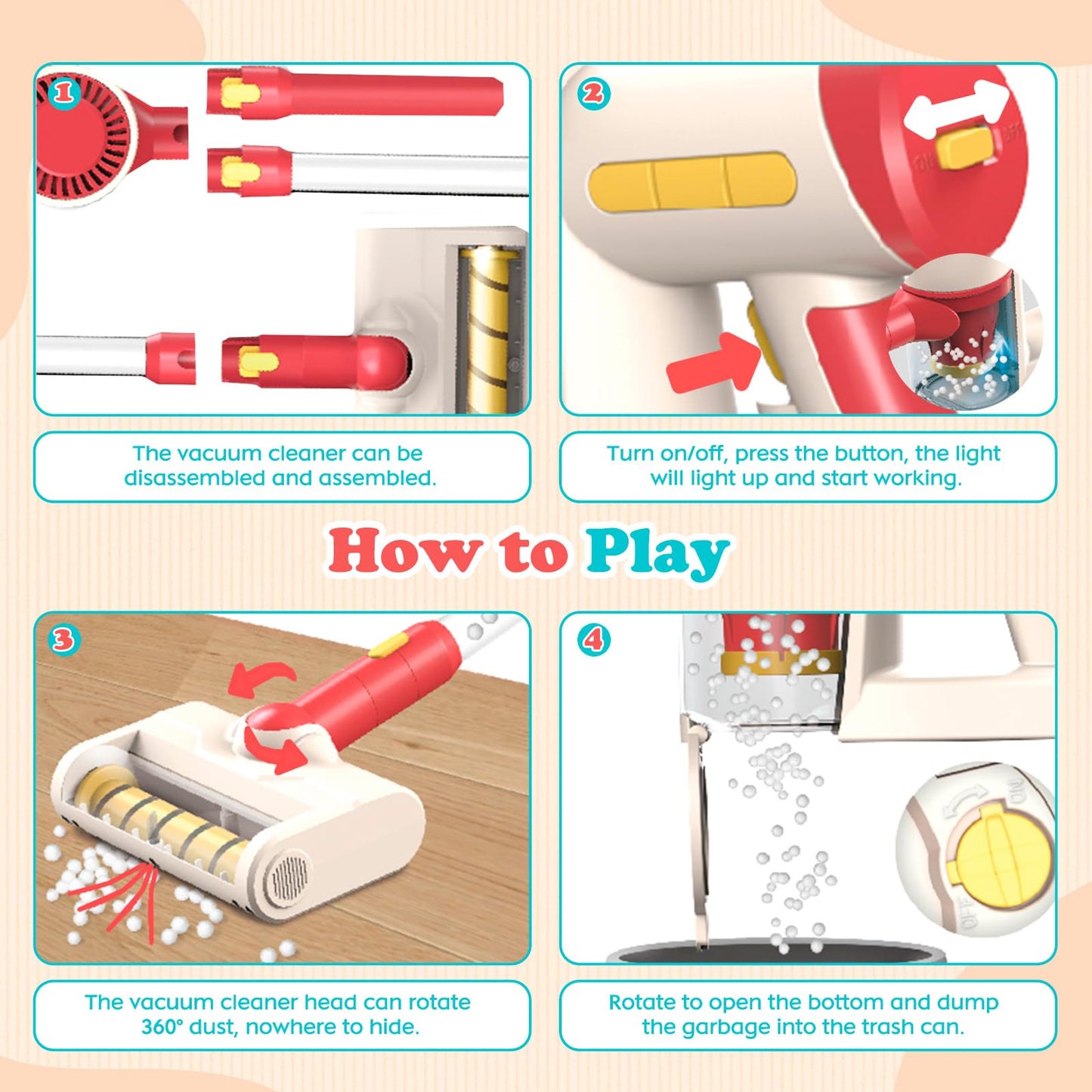 Vacuum Cleaner Toy For Toddler With Real Suction Function, Realistic Role-Play Cordless Vacuum Toy With Music, Kids Interactive