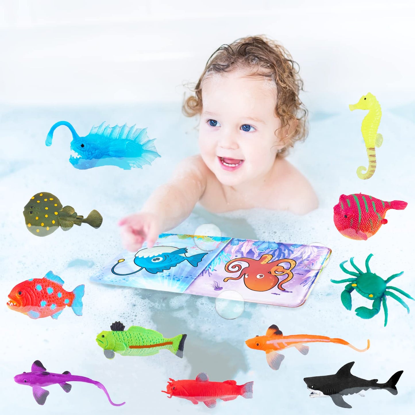 Color Changing Mold Free Bath Toys For Toddlers Kids, Color Change Sea Creatures Ocean Animal Toys & Glow In The Dark Toy With Bath Book(13 Pack), Water Table Toys Rubber Fish Toys For Kids Bathtub