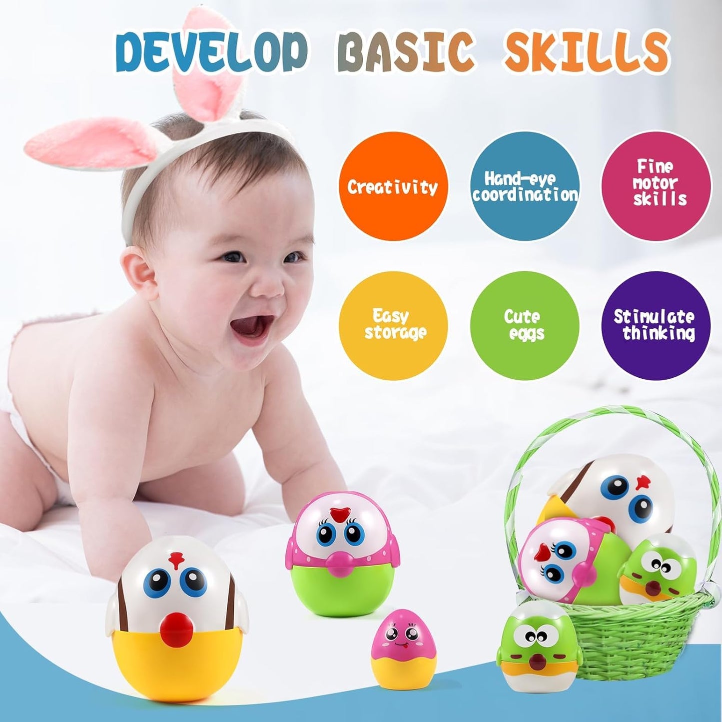 Okkidy Easter Egg Toys For Toddlers - 8 Pcs Nesting & Stacking Chicks, Fillable Plastic Eggs, Educational Easter Gift For 18M, 2