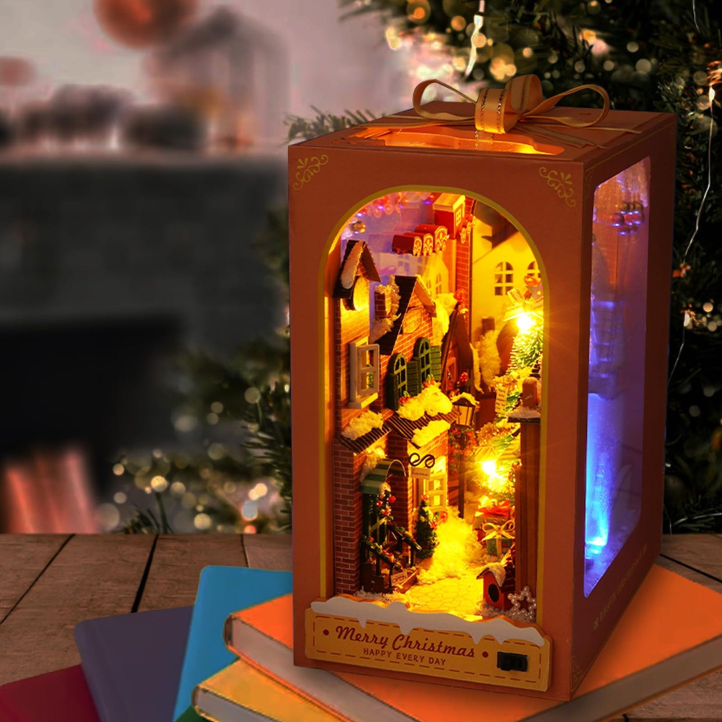Diy Christmas Book Nook Kit, Diy Dollhouse Booknook Bookshelf Insert Decor Alley, 3D Wooden Puzzle Bookends Model Build-Creativi