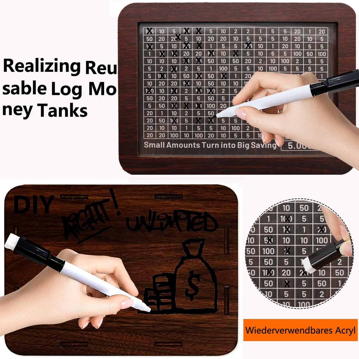 Cash Vault Wooden Savings Box 10000 5000 15000 3000 2000 1000 500 Cash Box With 2 Blank Savings Tracker, Official Save Box(Creat