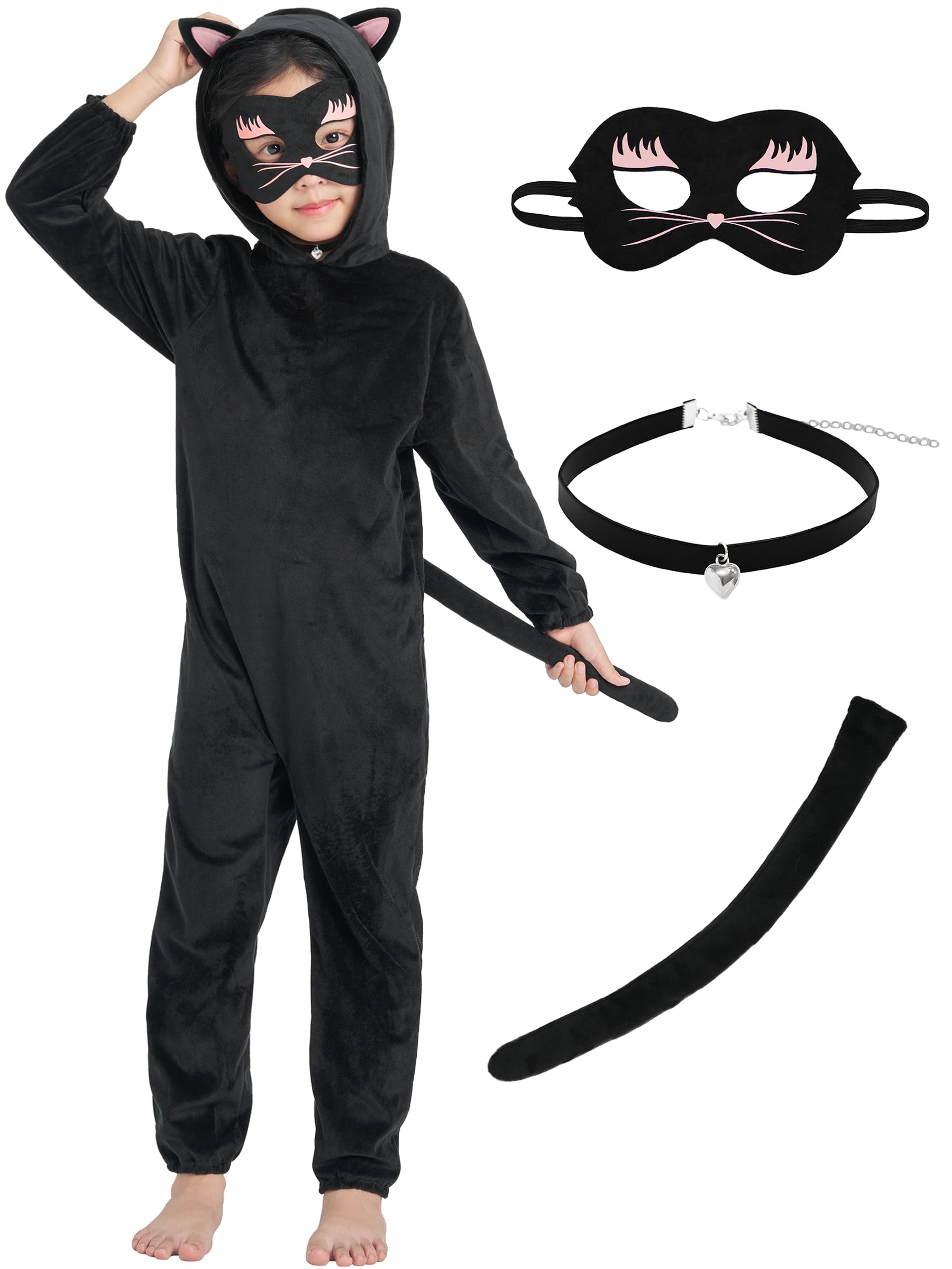 Ikali Cat Costume For Girls, Kids Toddlers Black Cat Costume With Eye Mask, Choker And Tail 8-10 Years