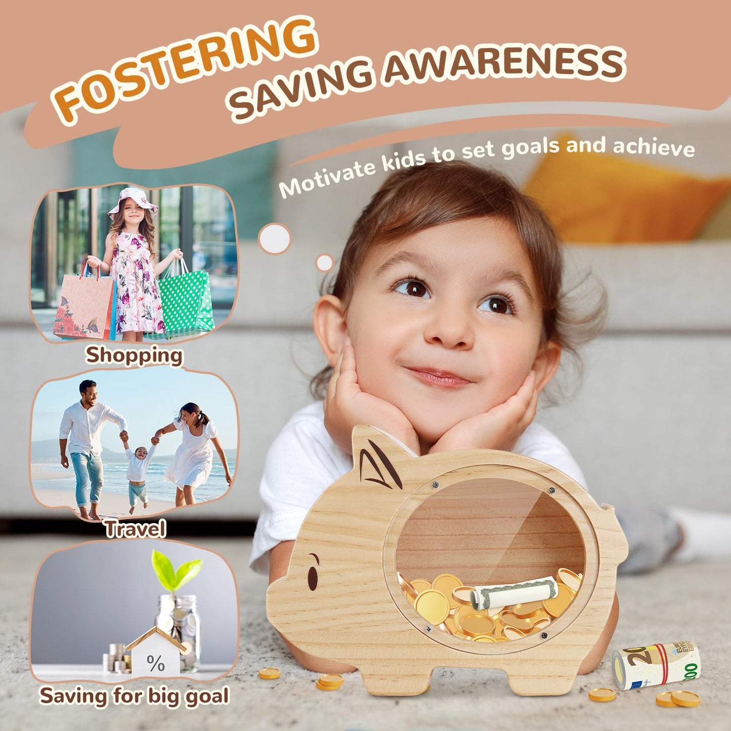 wooshwa Piggy Bank for Kids, Wooden Money Bank for Boys Girls Toddler, Unbreakable Bills and Coins Cash Box, Creative Saving Mon
