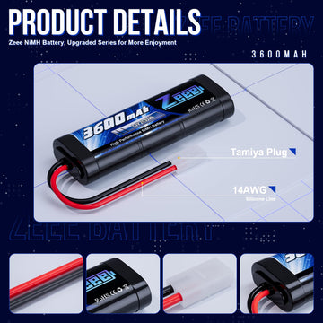 Zeee 7.2V NiMH Battery 3600mAh RC Battery High Power with Tamiya Connector for RC Car RC Truck Associated HPI Losi Kyosho Racing