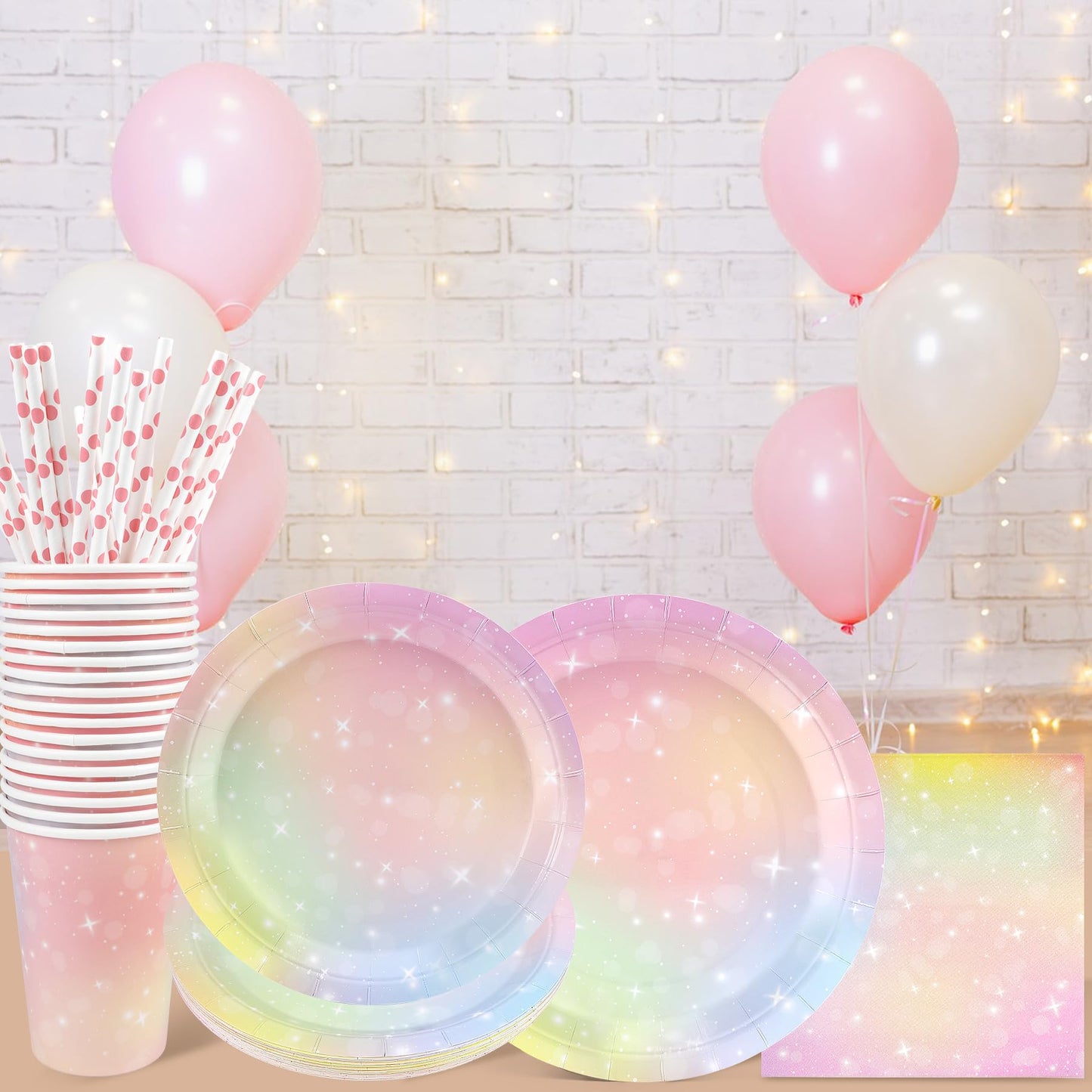 Pastel Birthday Party Supplies Decorations, Rainbow Theme Birthday Paper Plates And Napkins Set With Cups And Straws For 24 Gues