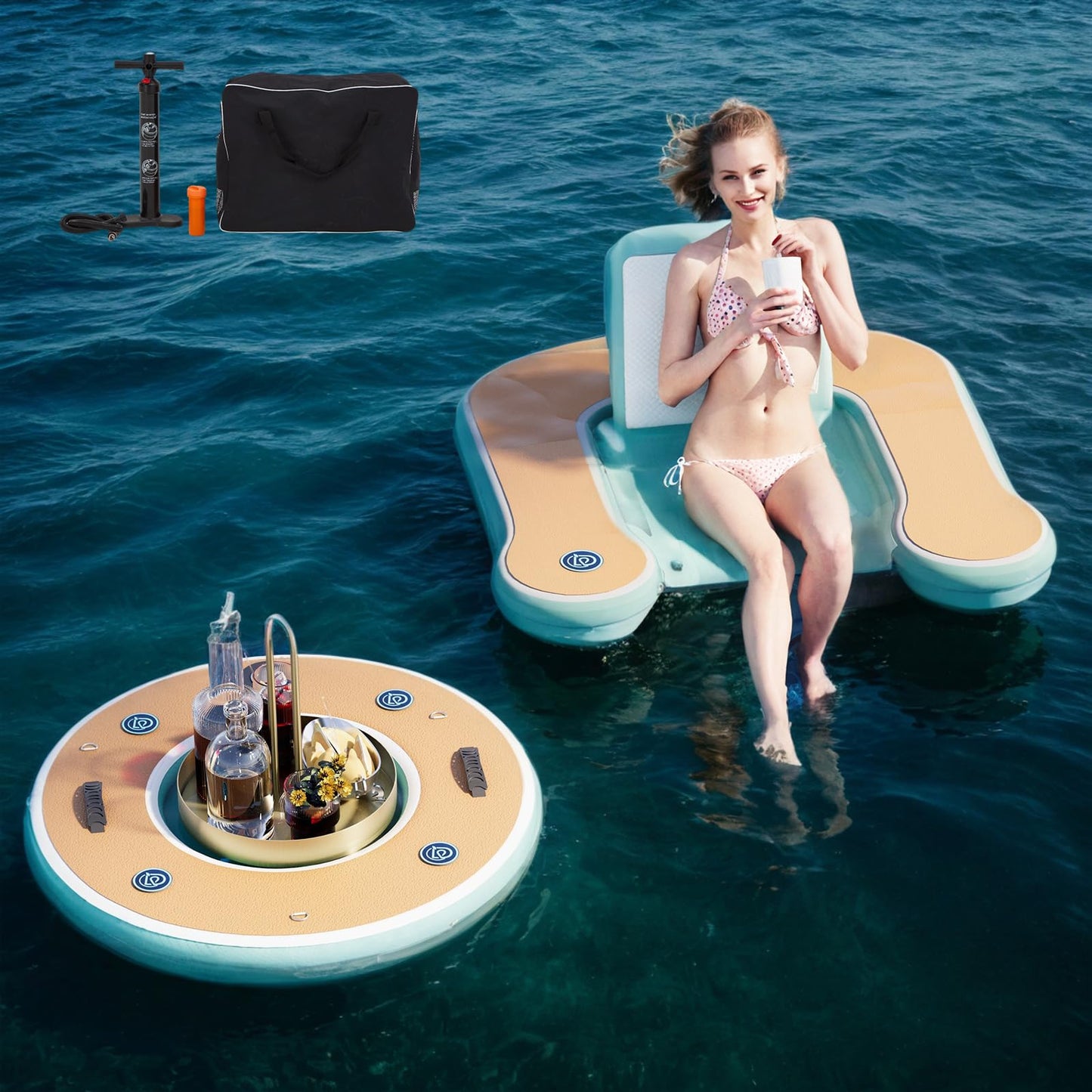 enhanced 47.64 x 43.31 Floating Chair with Round Bar  Inflatable Pool Float with Drink Holder  Heavy-Duty PVC & EVA  Includes Pump & Repair Kit  for Pool  Lake  Beach