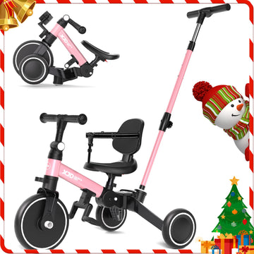 XJD Toddler Bike, 6 in 1 Folding Toddler Tricycle for 1-4 Year Old with Push Handle, Balance Bike with Removable Pedal,Backrest,