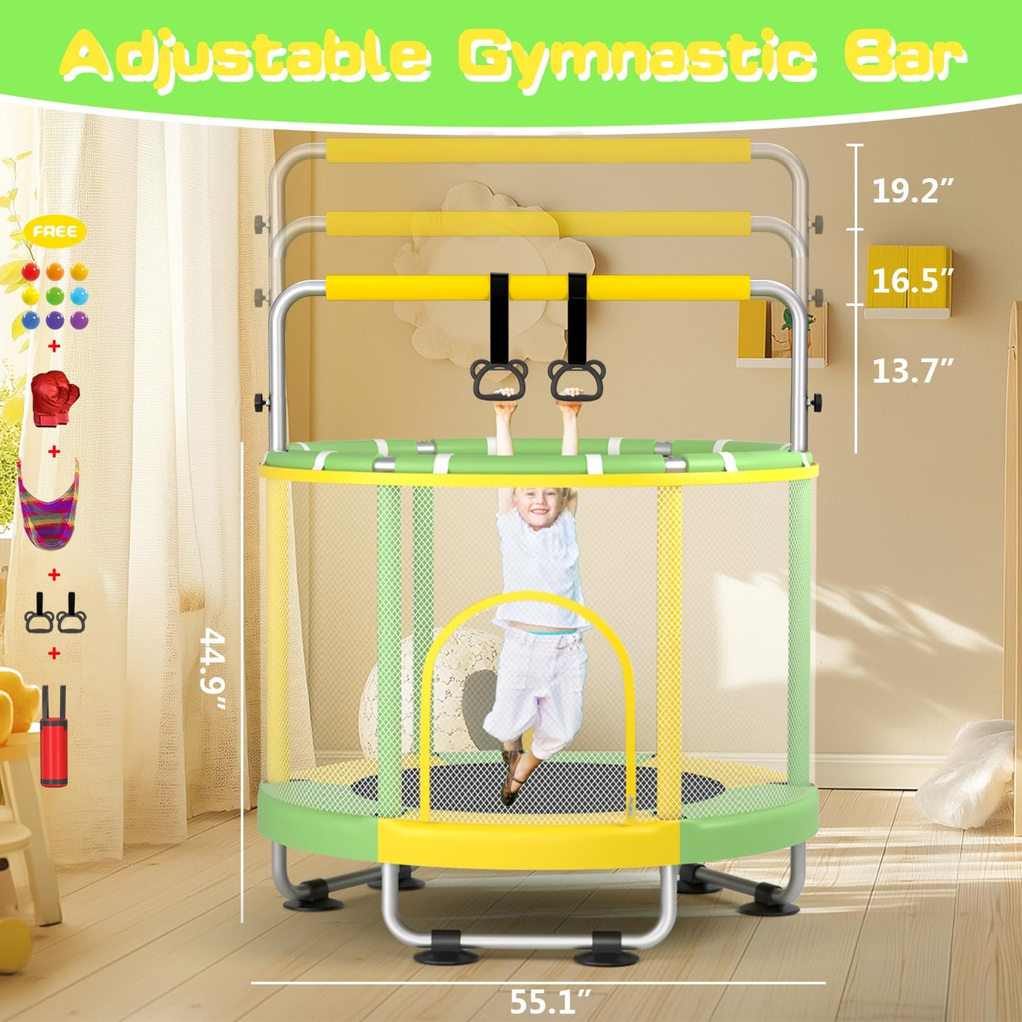 Zcmhaxj Trampoline For Kids, 55'' Toddler Trampoline Indoor & Outdoor, 440Lbs Capacity Baby Trampoline With Enclosure, Mini Tram
