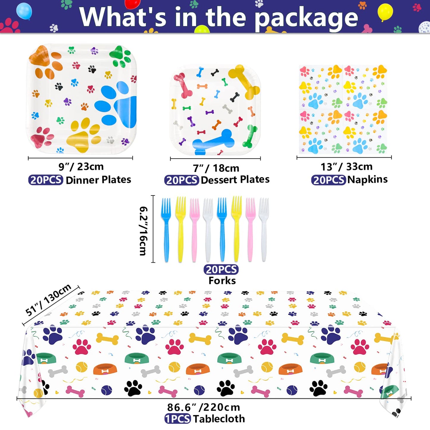 Dog Party Supplies Serve 20 - 81Pcs Plates Napkins Tablecloth Forks Set for Doggy, Kids, Dog Birthday Party Decorations Dog Them