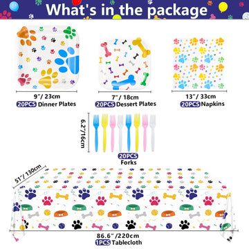 Dog Party Supplies Serve 20 - 81Pcs Plates Napkins Tablecloth Forks Set for Doggy, Kids, Dog Birthday Party Decorations Dog Them