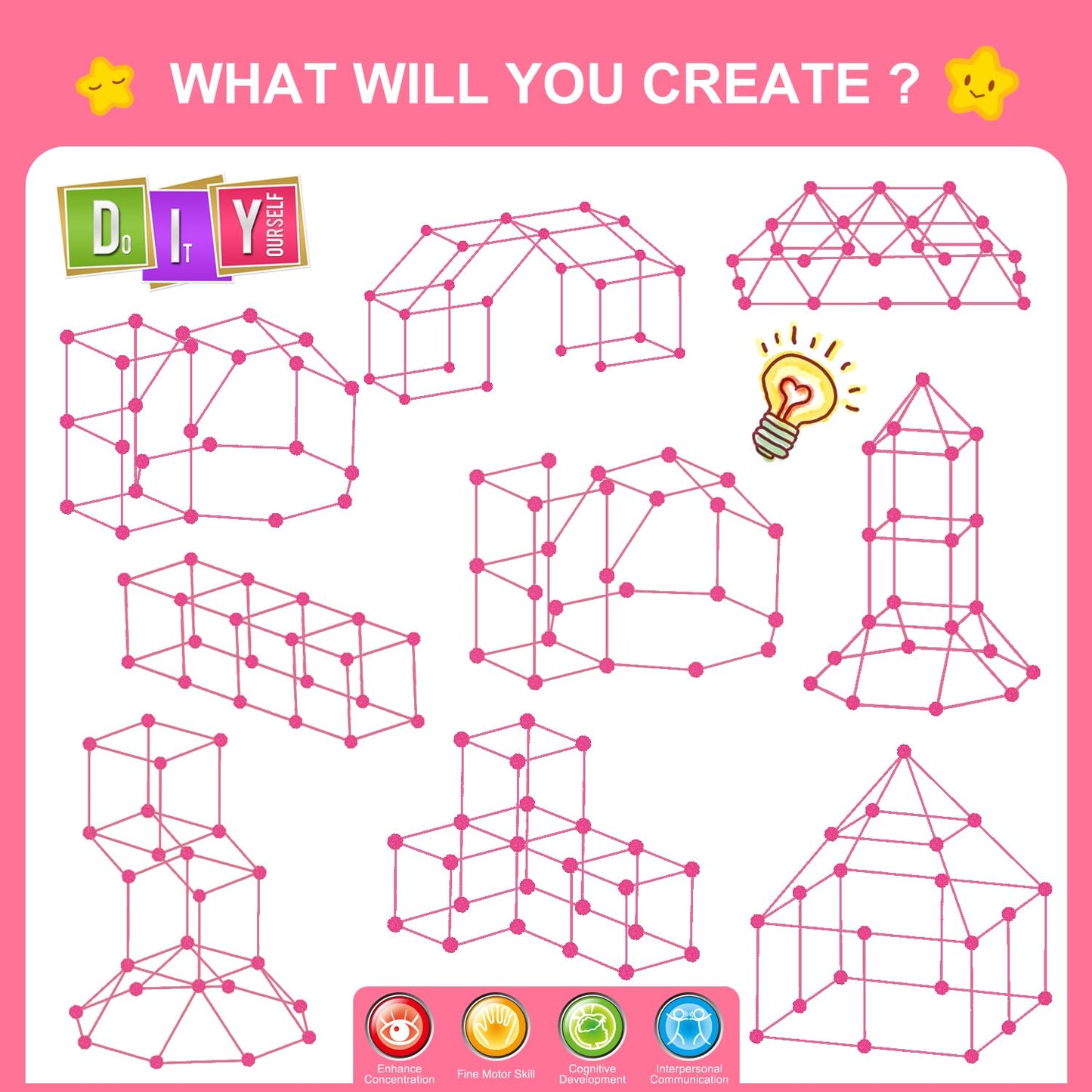 Springflower Fort Building Kit For Kids,Stem Construction Toys, Educational Gift For 4 5 6 7 8 9 10 11 12 Years Old Boys And Girls,Ultimate Creative Set For Indoor & Outdoors Activity,200 Pcs,Pink