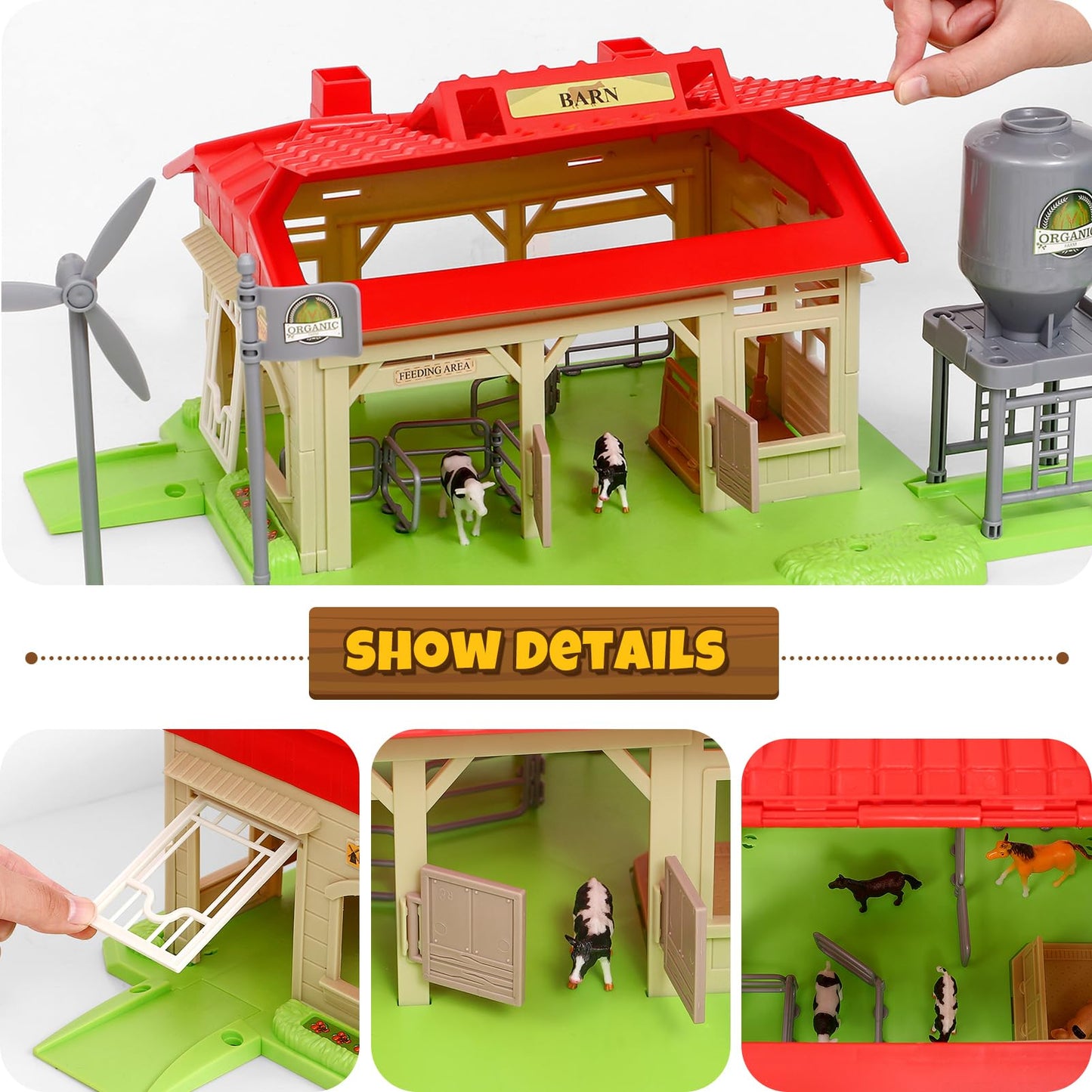 Tuzt Farm Animals Barn House Toys With 3 Tractors For Kids/ Barnyard Playset With Track/ 18 Animals Figures/ Windmill/ Water Tow