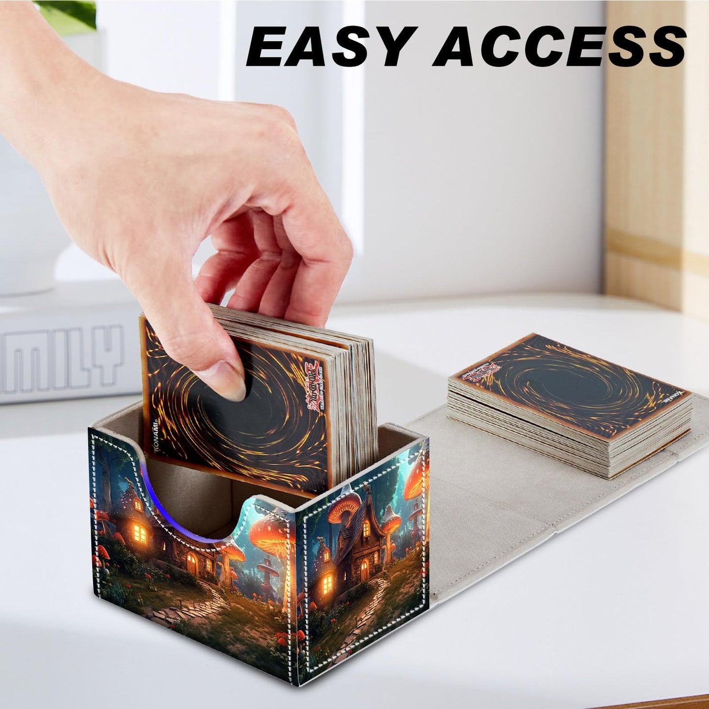 DEGDFSGR Card Game Storage Box for TCG MTG Commander Deck Box Organizer Trading Card Case Magnetic Closure Creative Pattern Up to 200 Cards  A Magical Mushroom Village