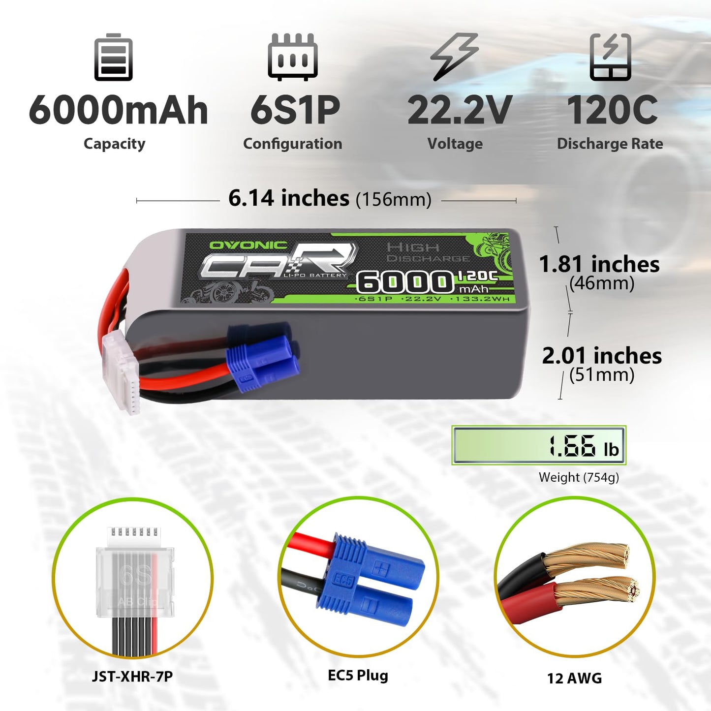 OVONIC 6S LiPo Battery 6000mAh 22.2V 120C with EC5 Connector - 2 Pack