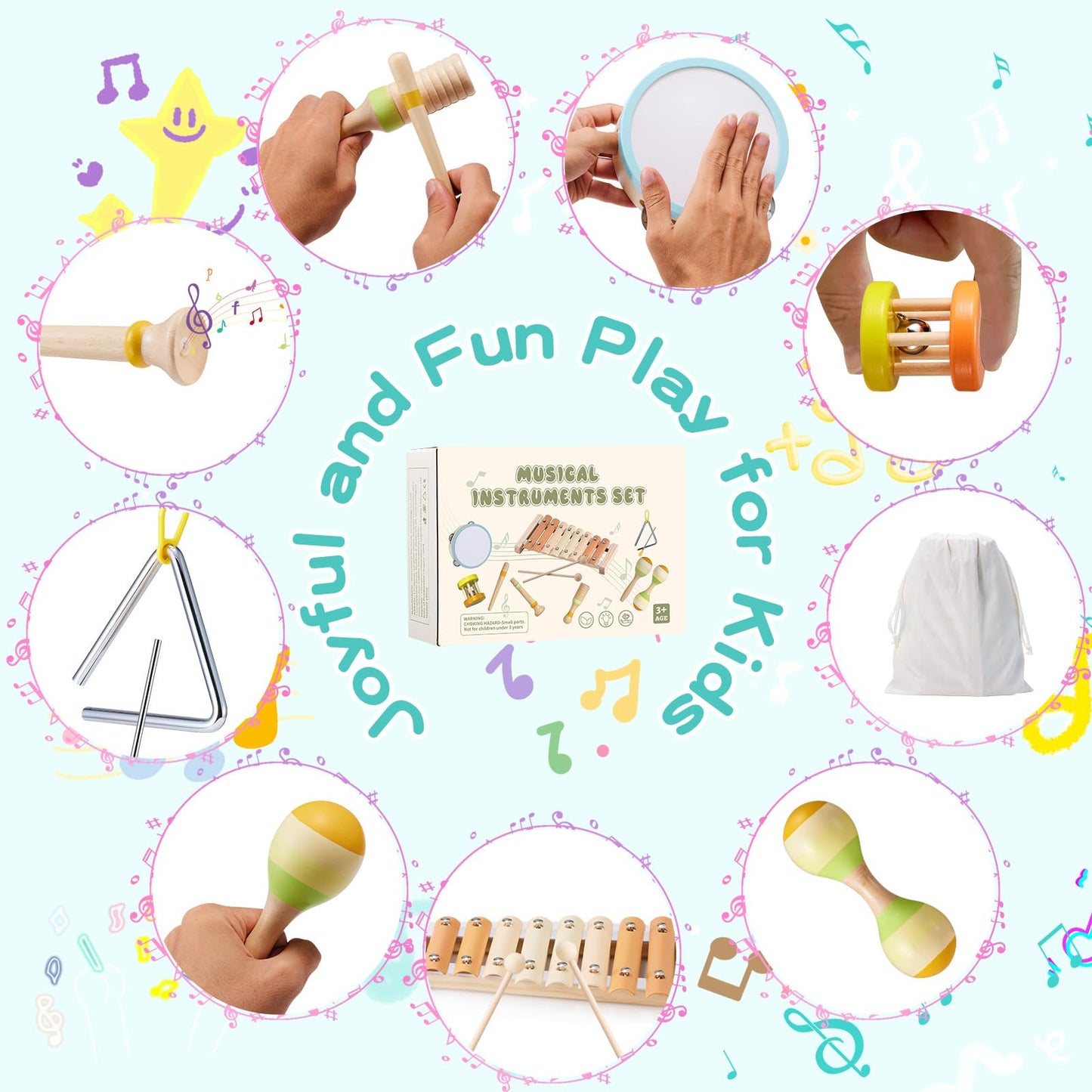 Baby Musical Instruments Montessori Wooden Music Toys Set 1-3 Gifts Kids Toddler Percussion Drum Modern Boho Xylophone With Stor