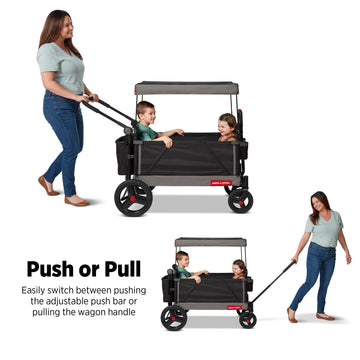 Radio Flyer Collapsible Folding Push And Pull Stroller Kids Wagon With Protective Canopy Cover And Travel Case For Ages 1 And Up, Black
