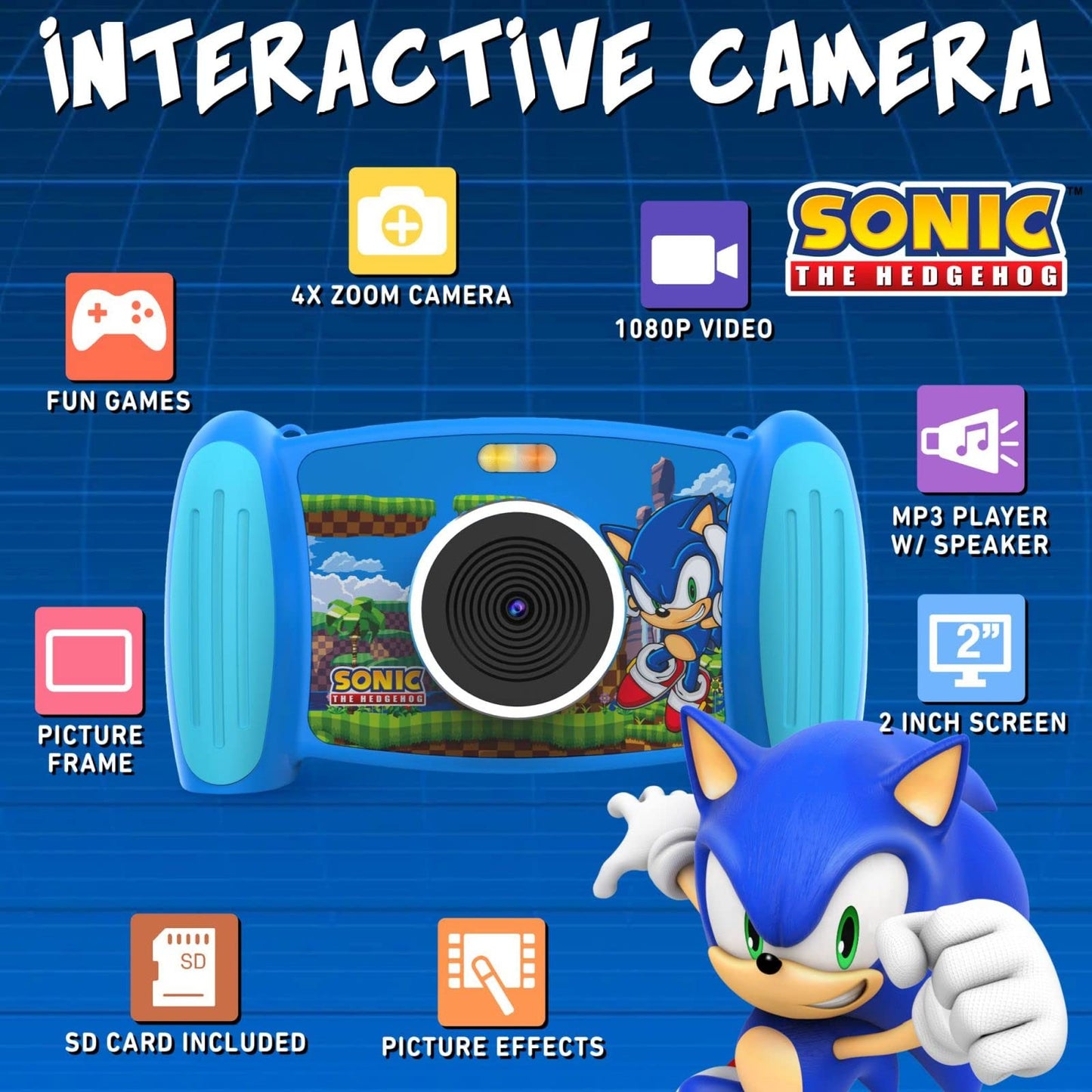 Firsttrends Sonic The Hedgehog Interactive Camera For Kids, Fun Rechargeable Camera For Children With Video, 4 X Zoom Camera, Mp
