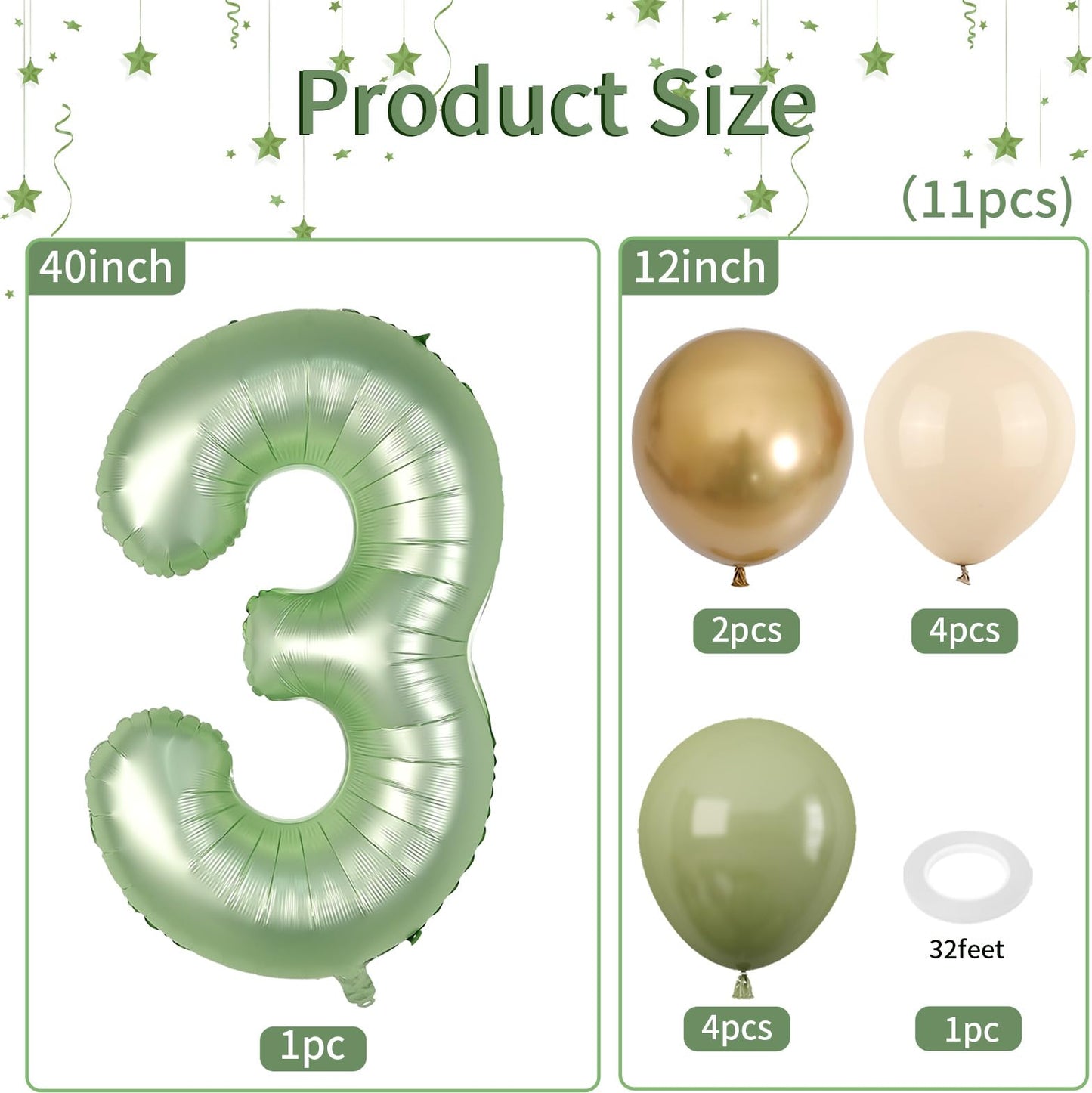40 Inch Sage Green Number 3 Balloon, Olive Green 3Rd Birthday Balloons, Retro Sand White Avocado Green Gold Latex Balloons Giant