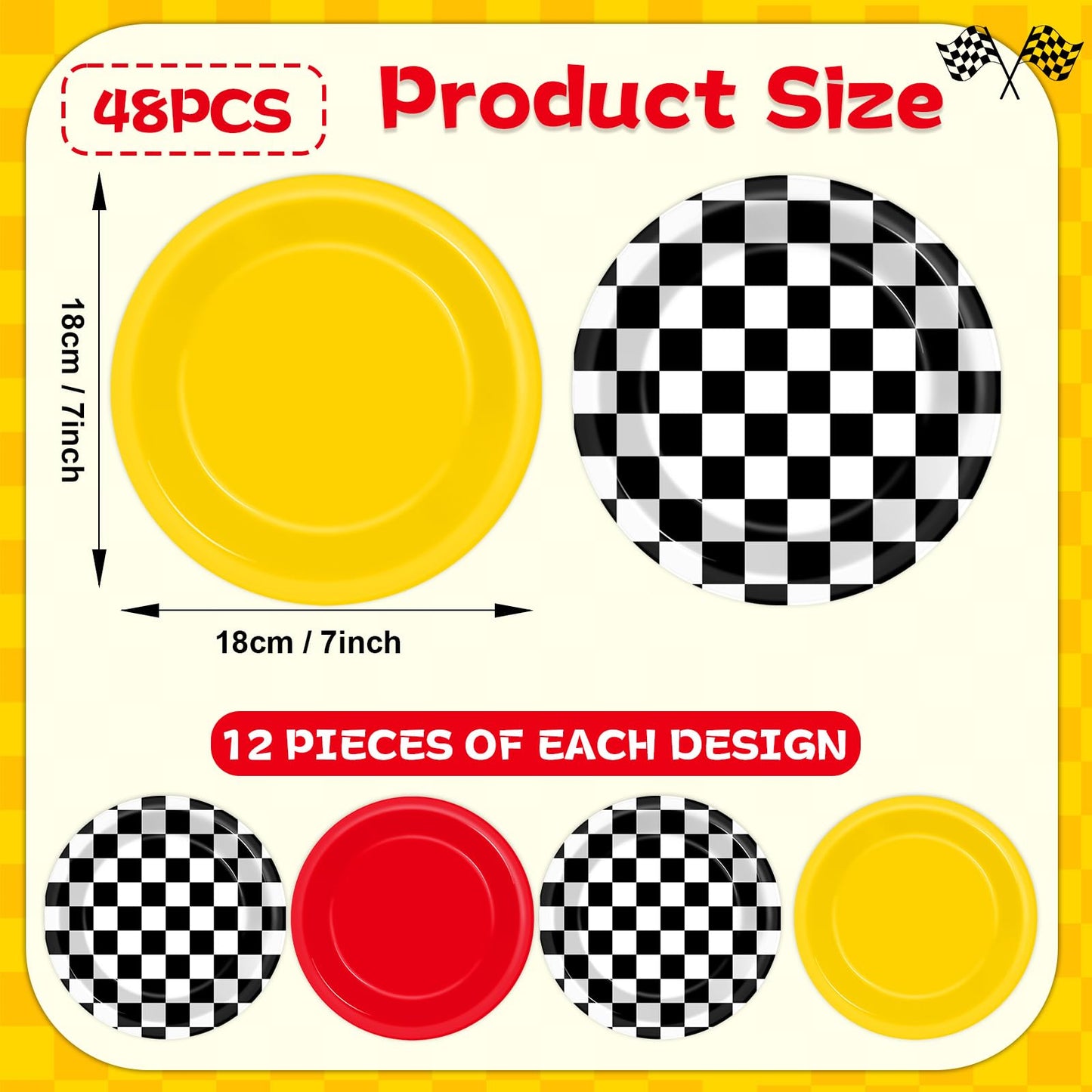 48 Pcs Racing Car Party Paper Plates for Race Car Birthday Party Supplies 7 Red Yellow Black White Checkered Disposable Plates R