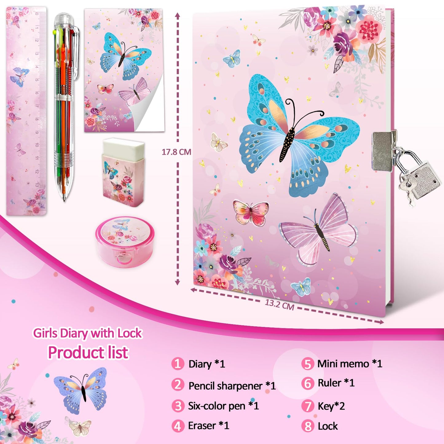 Butterfly Girls Diary With Lock, Set Of Diary For Girls Incl. Kids Journal With Lock & Pen (6-Multicolor) Memo Ruler Sharpener Eraser Pink Girls Journal Writing Notebooks For Kids Gifts For Girls 6-8
