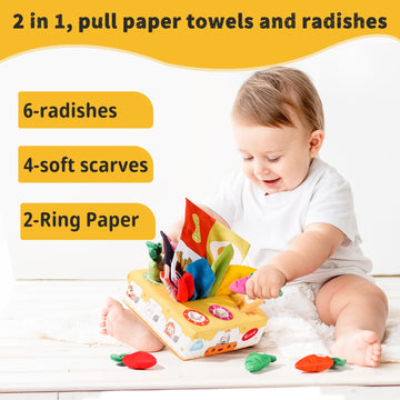 Sensory Toys for Babies 6-12 Months - Interactive Montessori Sensory Toys with Plush Carrots, Crinkle Sheets, and Colorful Tissu