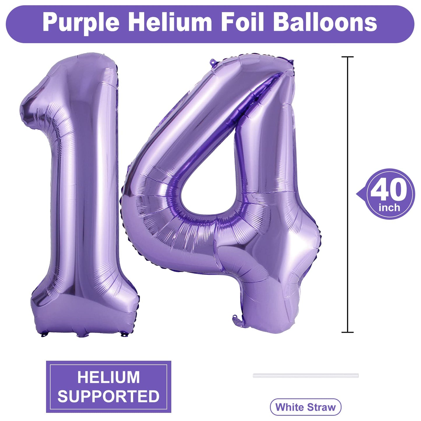 40 Inch Number Balloons 14, Purple Helium Foil Number 14 Balloons, Large Number Balloon Age Balloon For Boys Girls Birthday Part