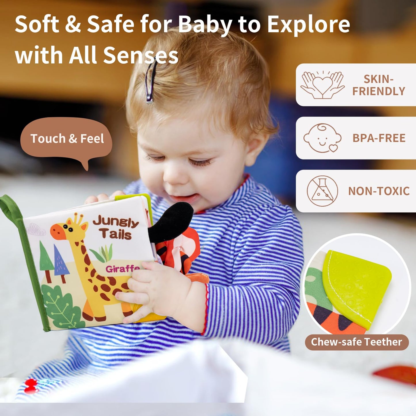 Love&Mini Baby Cloth Book - Giraffe Wildlife Crinkle Touch & Feel Book for Infants, Early Learning Tummy Time Toy for 6+ Months,