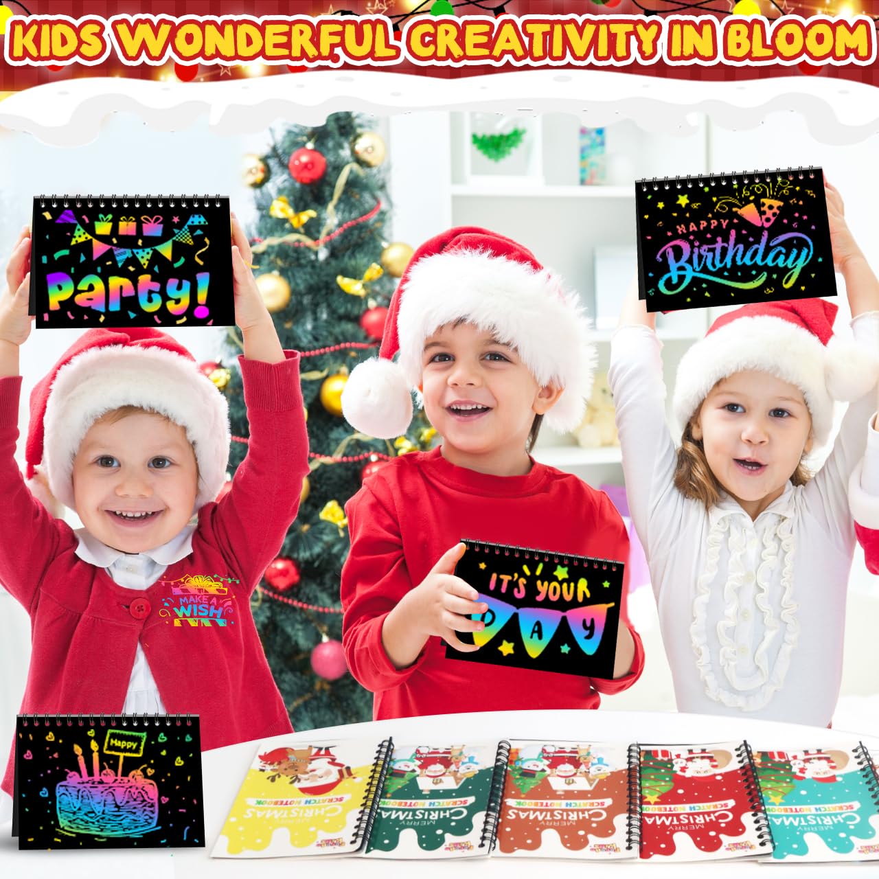 FEREDO KIDS Party Favors for Kids: 16 Pack Christmas Rainbow Scratch Art Notebook Classroom School Supplies Bulk for Girls Boys