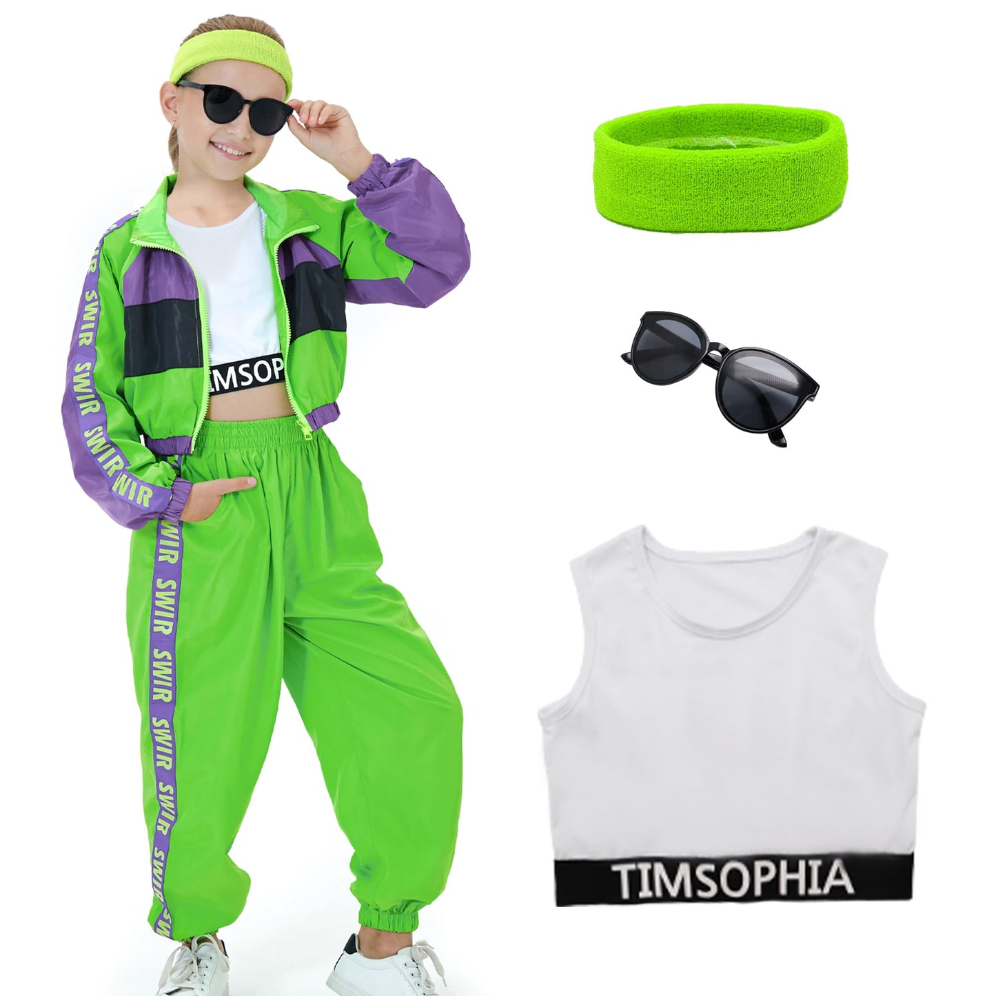 TIMSOPHIA Hip Hop Dance Costume for Girls, 5 Pcs 80s 90s Outfit for Kids, Modern Jazz Team Performance Tracksuit, 9-10 Years, Gr