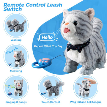 Gray Leash Walking Cat Set Toy Interactive Talking Cat Singing Dancing Kitten Mimicking Repeat What You Say Kitty Touch And Voice Control Nodding Wagging Tail Plush Electric Robot For Kid Girl