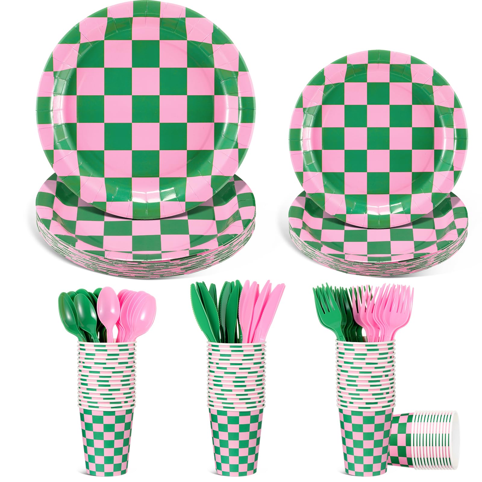 Zhehao 144 Pcs Pink and Green Checkered Party Decor Tableware Pink and Green Gingham Plaid Paper Plates Cup Napkin Knives Fork S