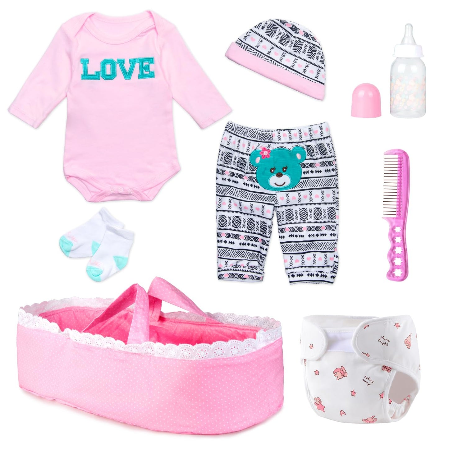 Reborn Baby Doll Clothes Girl Pink Outfits Accesories for 17-22 Inch Reborn Doll Newborn Baby Girl Accesories 8 Pcs Set with Bassinet&Diaper