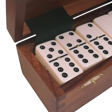 Marion Domino Double Six Creamy Blush Jumbo Tournament Professional Size With Spinners In Dovetail Sheesham Wood Box