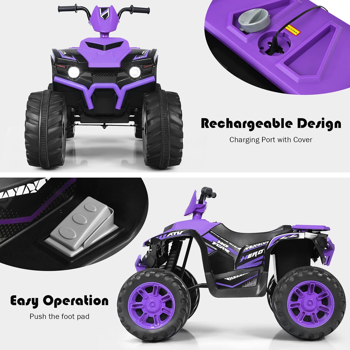 Costzon Kids ATV 12V Electric Vehicle, Purple, LED Lights, Horn, Music, Treaded Tires, Ride-On Car for Boys & Girls