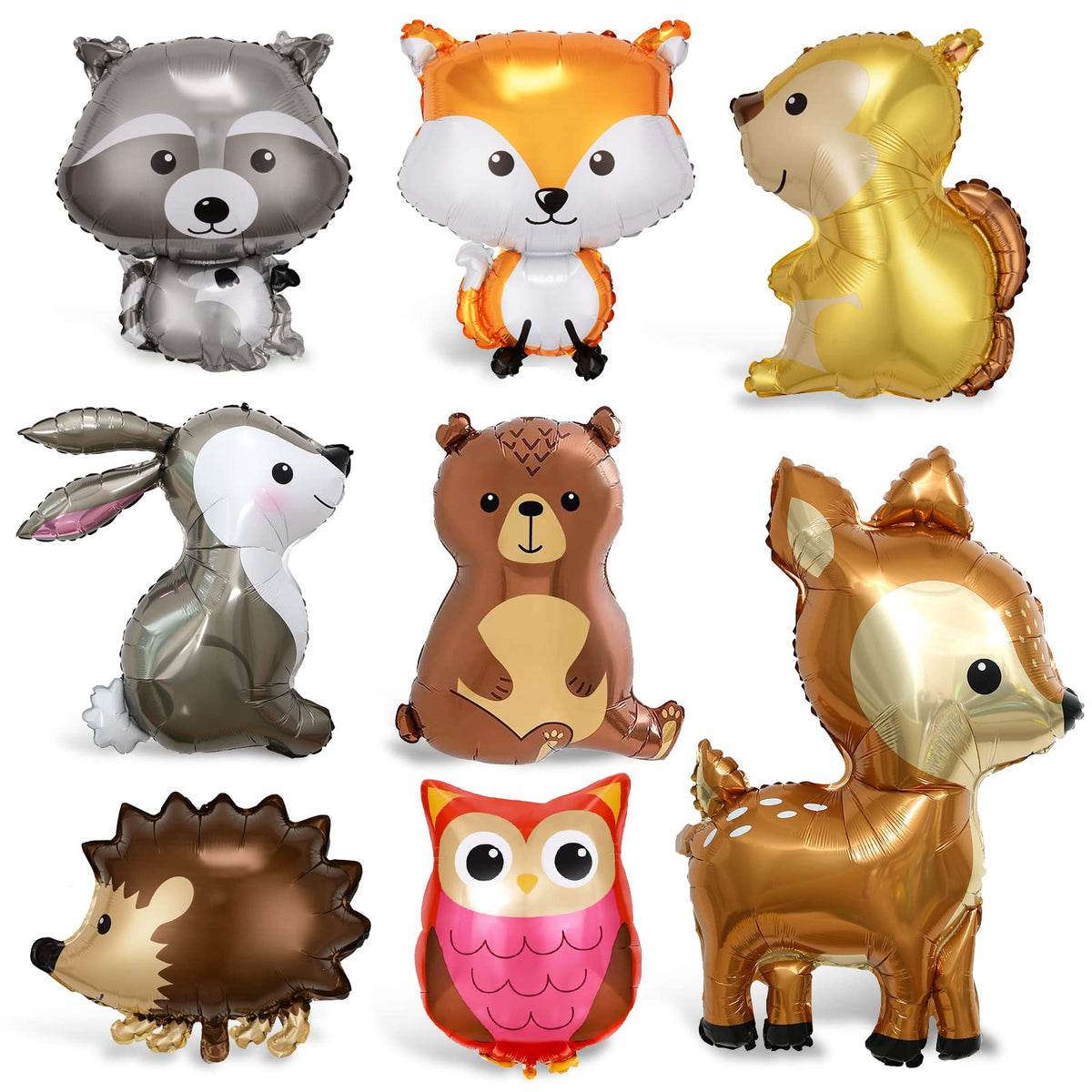 Pack of 8 Foil Balloons, Forest Animals, XXL Raccoon Deer Owl Squirrel Balloon, Animal Head Giant Balloon, Helium Balloons Anima