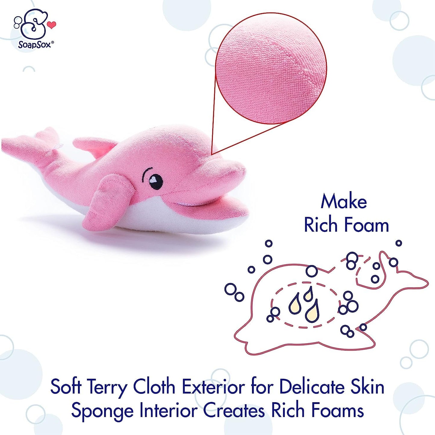 Soapsox Kids Exfoliating Bath Scrub (Ava The Pink Dolphin) - Soft Animal Toy Wash Cloth Sponge With Soap Pocket Insert - Fun Loo